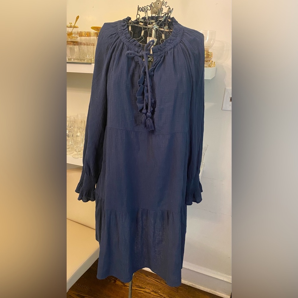 J. Crew Navy Long-Sleeve Ruffle Tie Dress